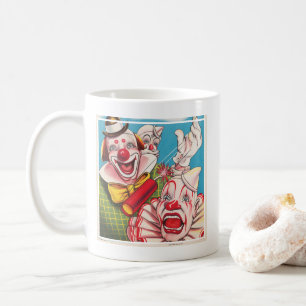 Zirkusposter mit Clown-Gesichtern und Feuerriss Kaffeetasse