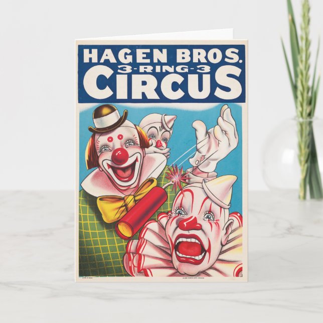 Zirkusposter mit Clown-Gesichtern und Feuerriss Karte (Vorderseite)