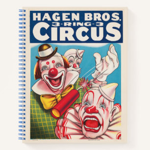 Zirkusposter mit Clown-Gesichtern und Feuerriss Notizbuch