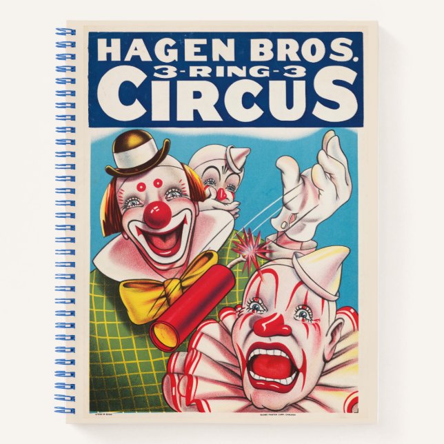 Zirkusposter mit Clown-Gesichtern und Feuerriss Notizbuch (Vorderseite)