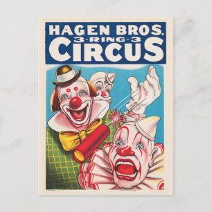 Zirkusposter mit Clown-Gesichtern und Feuerriss Postkarte