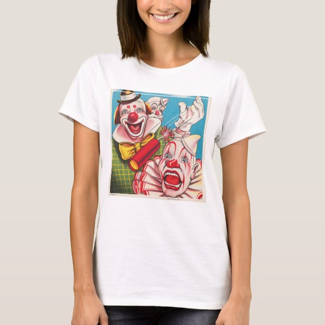 Zirkusposter mit Clown-Gesichtern und Feuerriss T-Shirt (Vorderseite)