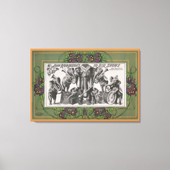 Zirkusposter von Elefanten, die Instrumente spiele Leinwanddruck (Vorderseite)