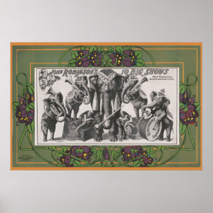 Zirkusposter von Elefanten, die Instrumente spiele Poster