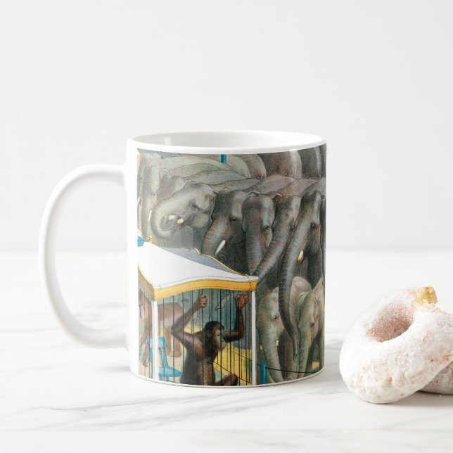 Zirkusposter von Elefanten und Tieren in Käfigen Kaffeetasse (Mit Donut)