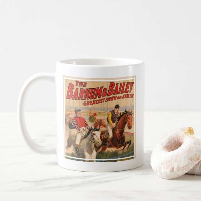 Zirkusposter von Jockeys auf Pferden, die eine Hec Kaffeetasse (Mit Donut)