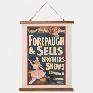 Zirkusposter von Tiger und Frauen auf Pferden Wandteppich Mit Holzrahmen