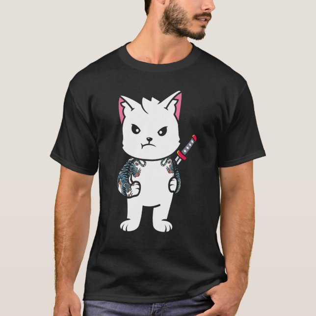 Zitat Samurai Cat Katana Ninja Yakuza Tattoo T-Shirt (Vorderseite)