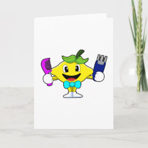 Zitrone als Friseur mit Kamm und Rasiermesser Karte