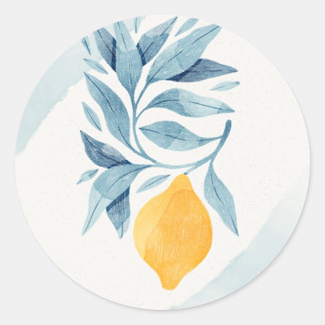 Zitrone mit blauen Blätter botanische Abbildung Runder Aufkleber (Vorderseite)