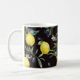 Zitrone, Olivenzweige: Wasserfarbenmuster. Kaffeetasse