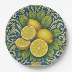 Zitronen Almafi Blau Mediterrane Art Nouveau Pappteller