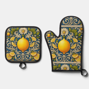 Zitronen Amalfi Blau Mediterrane Art Nouveau Ofenhandschuh & Topflappen-Set