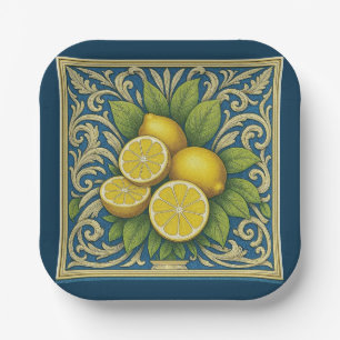 Zitronen Amalfi Blau Mediterrane Art Nouveau Pappteller