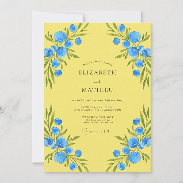 Zitronen Azure Wildblumen-Hochzeit Einladung (Vorderseite)