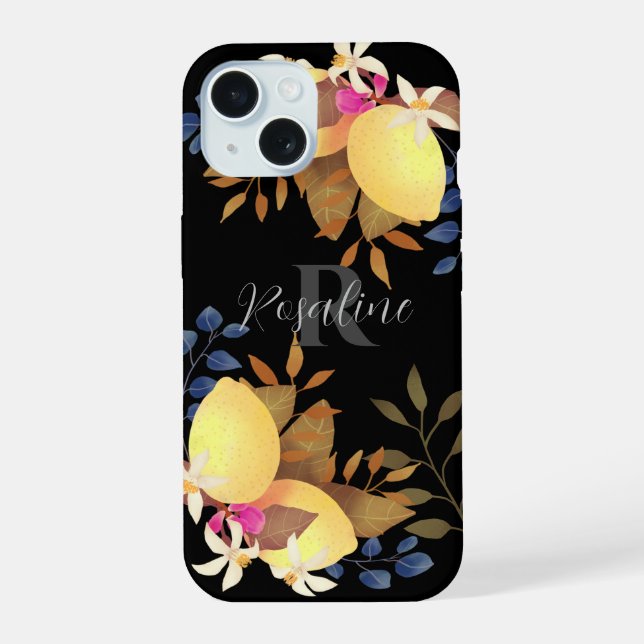 Zitronen Chic Monogram Schwarz iPhone 15 Hülle (Rückseite)