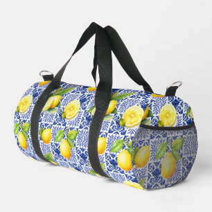 Zitronen-Fliesenmuster Blau Weiß Mediterran Zitrus Duffle Bag