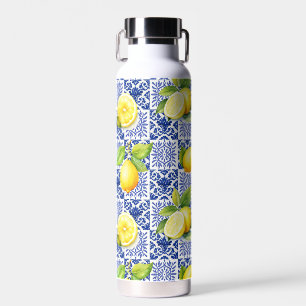 Zitronen-Fliesenmuster Blau Weiß Mediterran Zitrus Trinkflasche