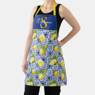 Zitronen-Fliesenmuster Blau Weiße Monogramm Name C Schürze