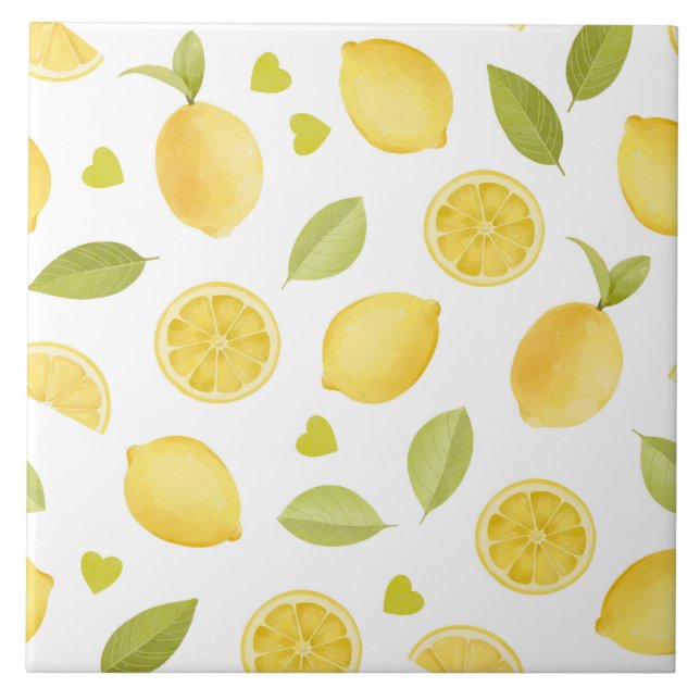 Zitronen Gelbe Scheiben Aquarell-Design Fliese (Vorderseite)