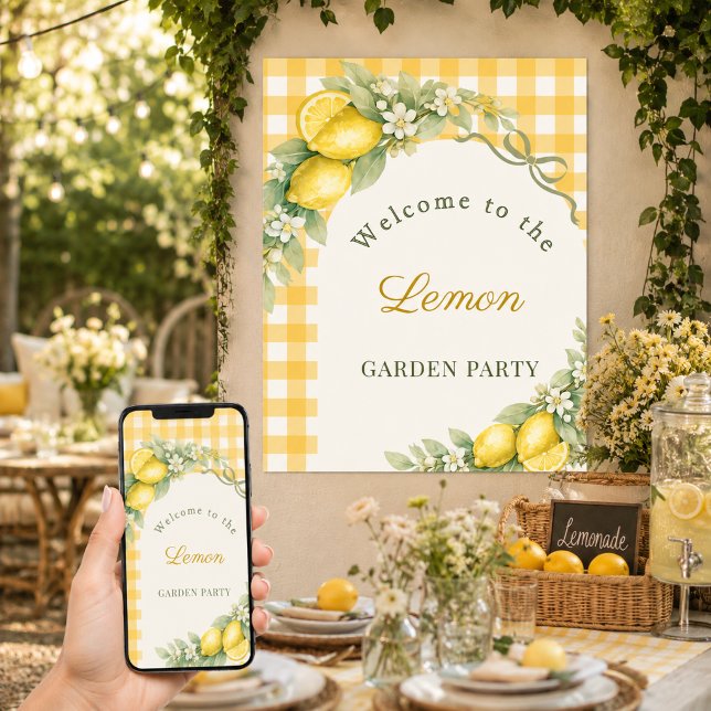 Zitronen Gingham-Schleife Gartenparty Willkommen Poster (Von Creator hochgeladen)