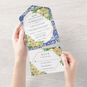 Zitronen Grünzeug Florale Mosaikfliesen Hochzeit A All In One Einladung