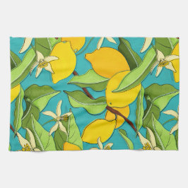 Zitronen, Ladybugs, Blüten im Aquamarinen Hintergr Geschirrtuch