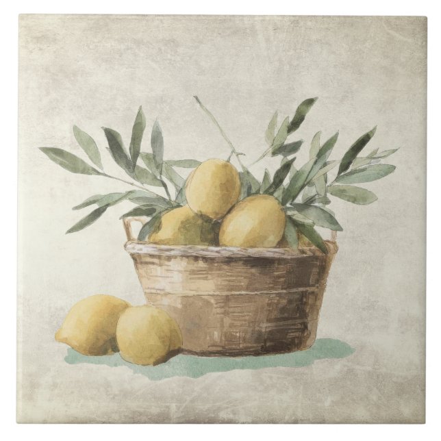 Zitronen mediterrane Olivenblätter rustikal Fliese (Vorderseite)