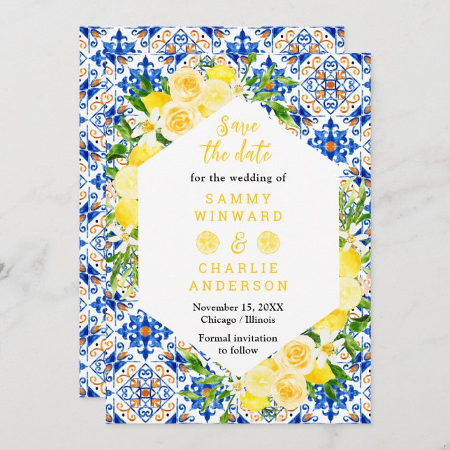 Zitronen mit mediterraner Hochzeit Save The Date (Vorne/Hinten)