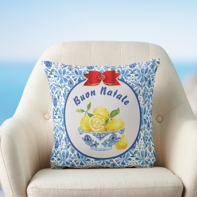 Zitronen-Mittelmeer-Fliese Buon Natale Blau-Rote S Kissen (Von Creator hochgeladen)