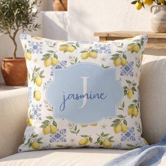 Zitronen-Monogramm-Name-Französisches-Land-Fliesen Kissen