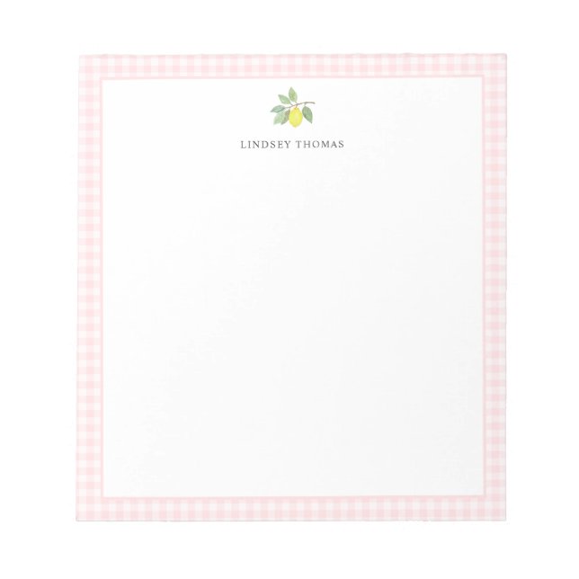 Zitronen-Rosa-Gingham-Rand personalisiert Notizblock (Vorderseite)