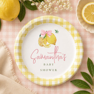Zitronen-Rosa-Schleife Gingham Pappteller