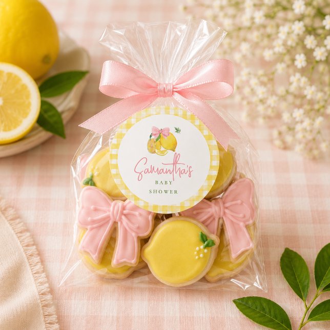 Zitronen-Rosa-Schleife Gingham  Runder Aufkleber (Von Creator hochgeladen)