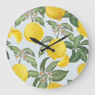 Zitronen-Tropenfrucht-Vintage-Muster Große Wanduhr