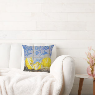 Zitronen und Azulejos – Klassisches Blau und Gelb Kissen