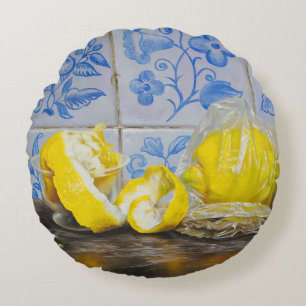Zitronen und Azulejos — Klassisches Blau und Gelb Rundes Kissen