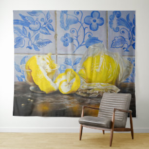 Zitronen und Azulejos — Klassisches Blau und Gelb Wandteppich