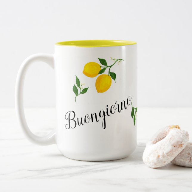 Zitronen und Blätter Buongiorno Kaffeemaschine Tas Zweifarbige Tasse (Mit Donut)