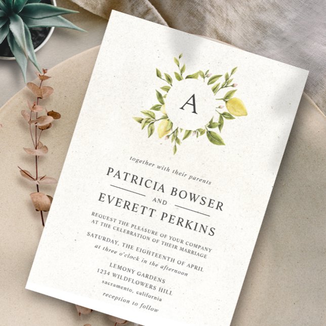 Zitronen und Blätter | Monogramm Watercolor Weddin Einladung (Von Creator hochgeladen)