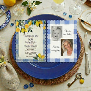 Zitronen- und Blau-Gingham 50. Geburtstag Einladung