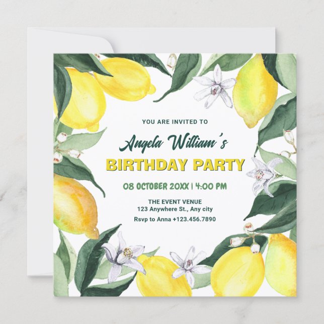 Zitronen und Blumen Geburtstag Einladung (Vorderseite)