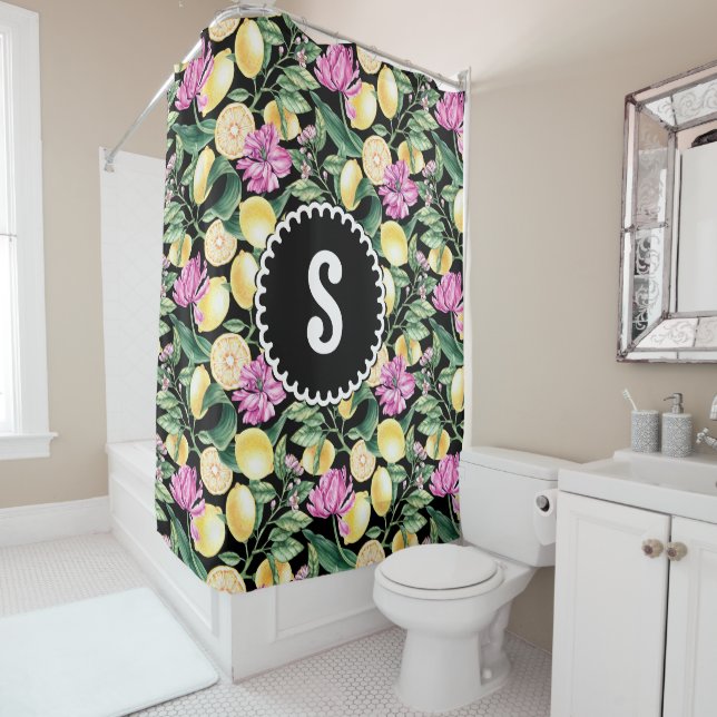 Zitronen und Blütenmuster | Citrus Monogram Duschvorhang (Beispiel)