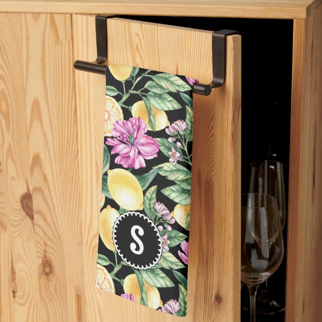 Zitronen und Blütenmuster | Citrus Monogram Geschirrtuch (Drittel gefaltet)