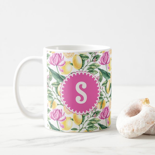 Zitronen und Blütenmuster | Citrus Monogram Kaffeetasse (Mit Donut)