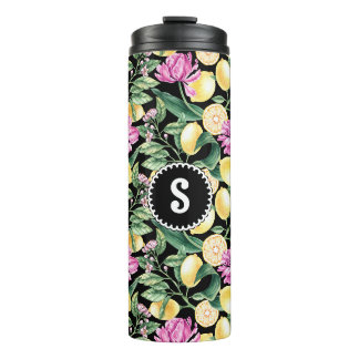 Zitronen und Blütenmuster | Citrus Monogram Thermosbecher