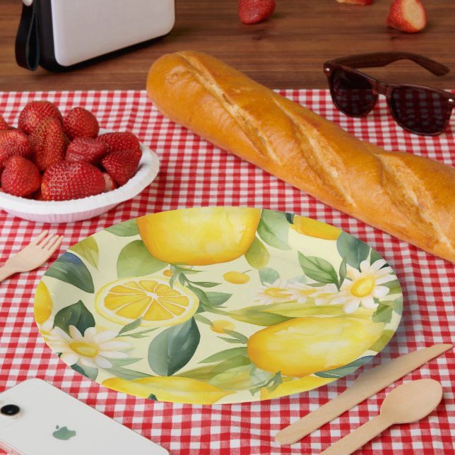 Zitronen- und Gänseblümchen-Aquarellmuster Pappteller (Picknick)