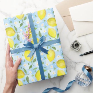 Zitronen und Gänseblümchen Blau Kariert Geschenkpapier