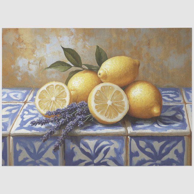 Zitronen und Lavender Blue Tile Stillleben Seidenpapier (Vorderseite)
