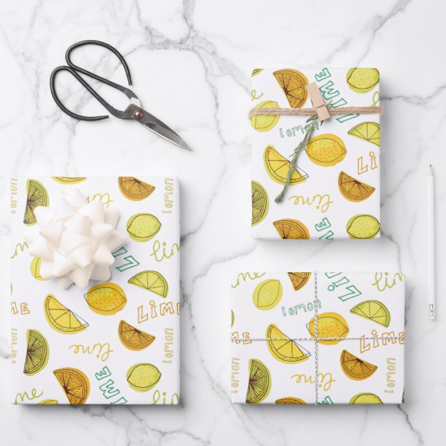 Zitronen und Limones Fruchtmuster Geschenkpapier Set (Vorderseite)
